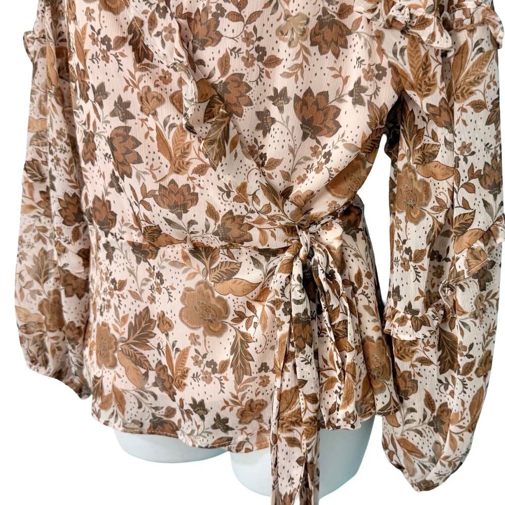 CeCe Cream Tan Fall Floral Leaves Ruffle Long Sleeve Tie Waist Wrap Top size L - Picture 11 of 11